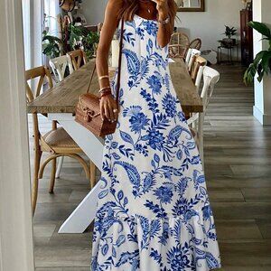Blue and White Boho Women's Ruffle Hem Spaghetti Strap Dress